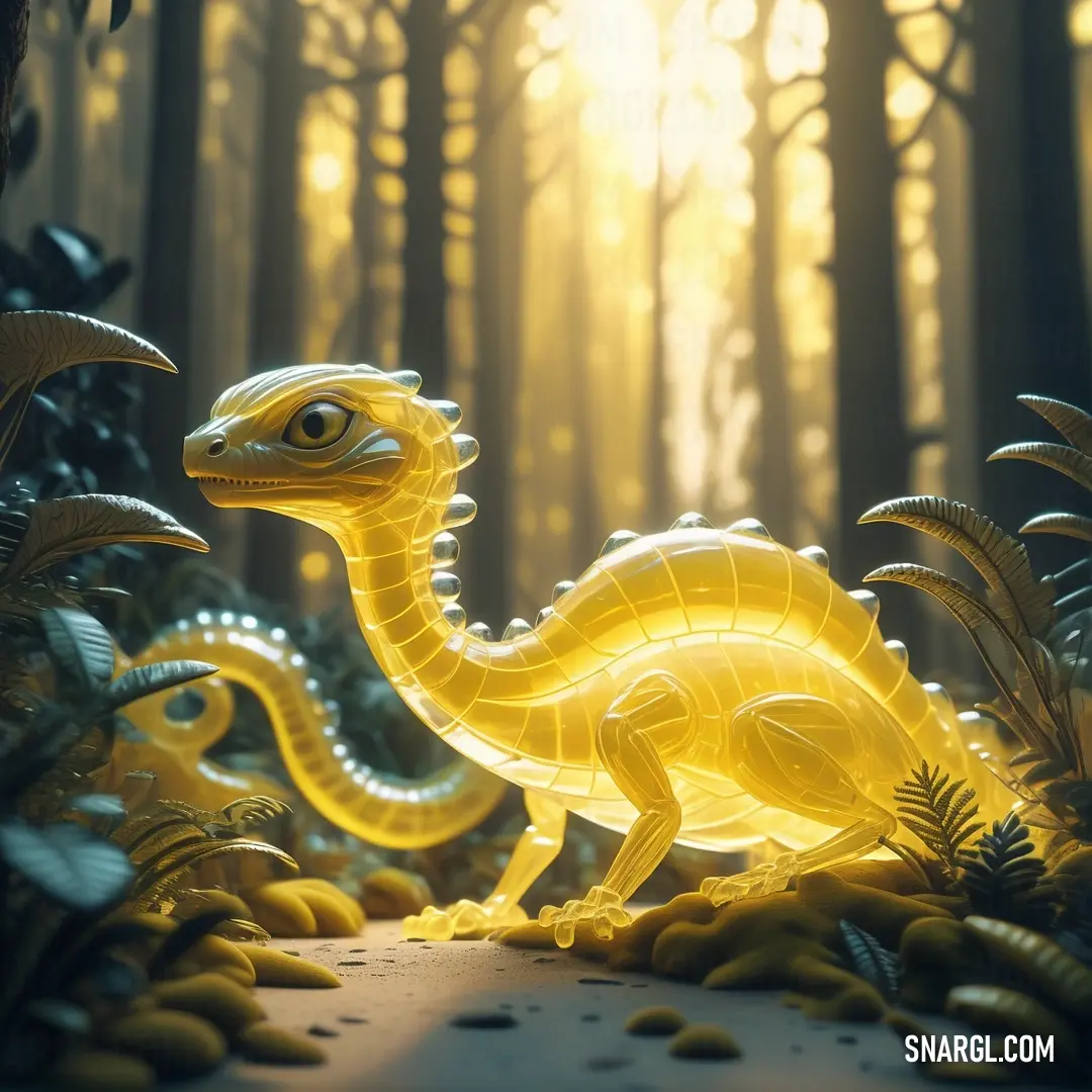 Yellow toy dinosaur in a forest with trees and rocks in the background. Example of #E5B73B color.