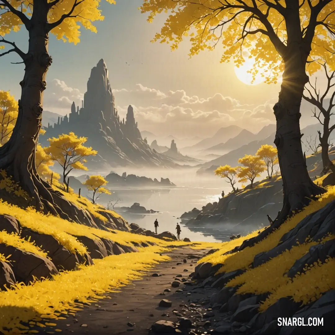 Meat brown color. Painting of a man walking down a path in a forest with yellow trees and a mountain in the background
