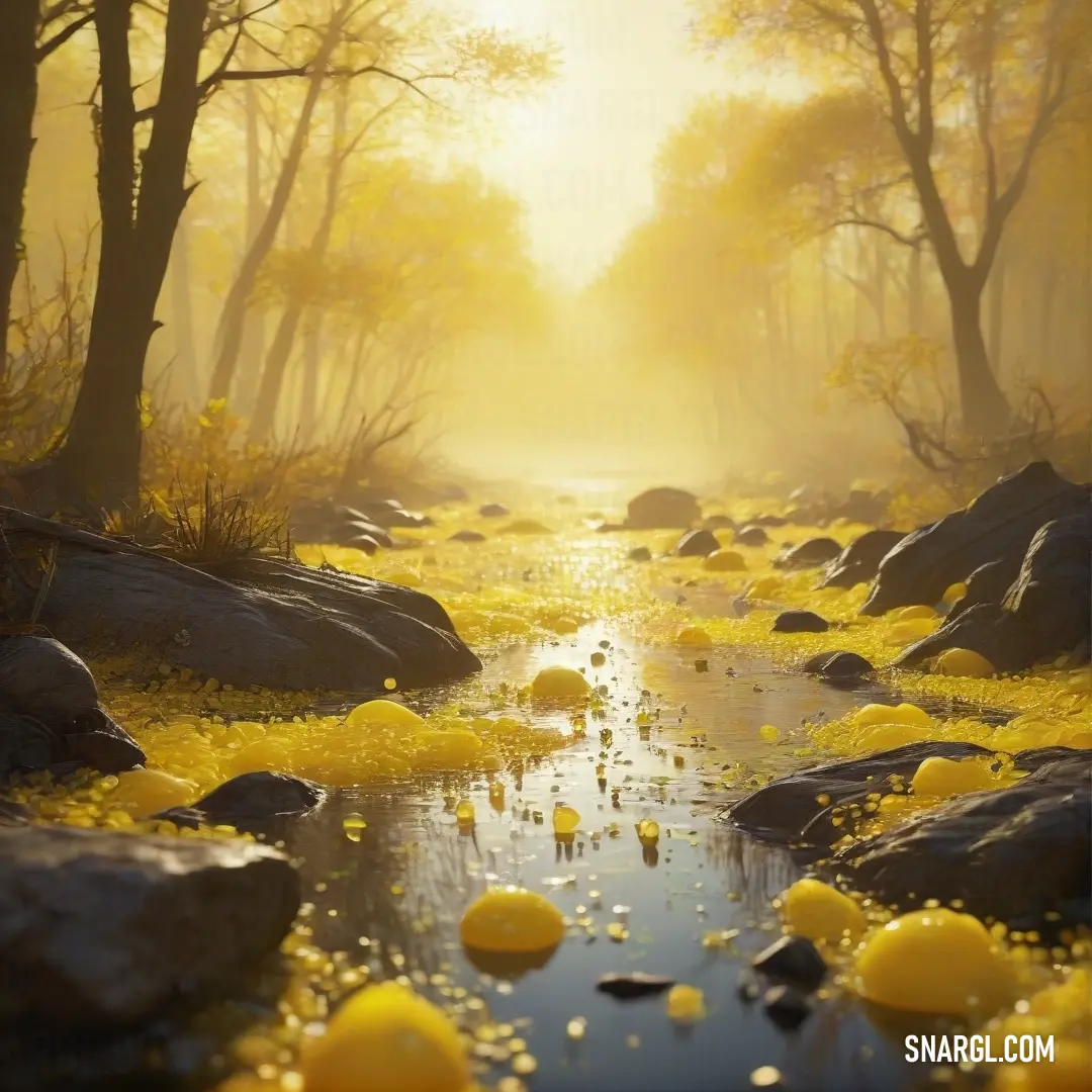 Meat brown color example: Stream of water surrounded by yellow flowers and rocks in a forest with trees and rocks on either side