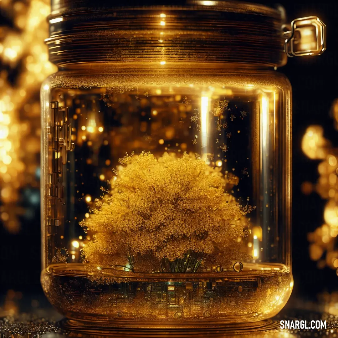 Tree in a jar with a black background. Example of CMYK 0,20,74,10 color.