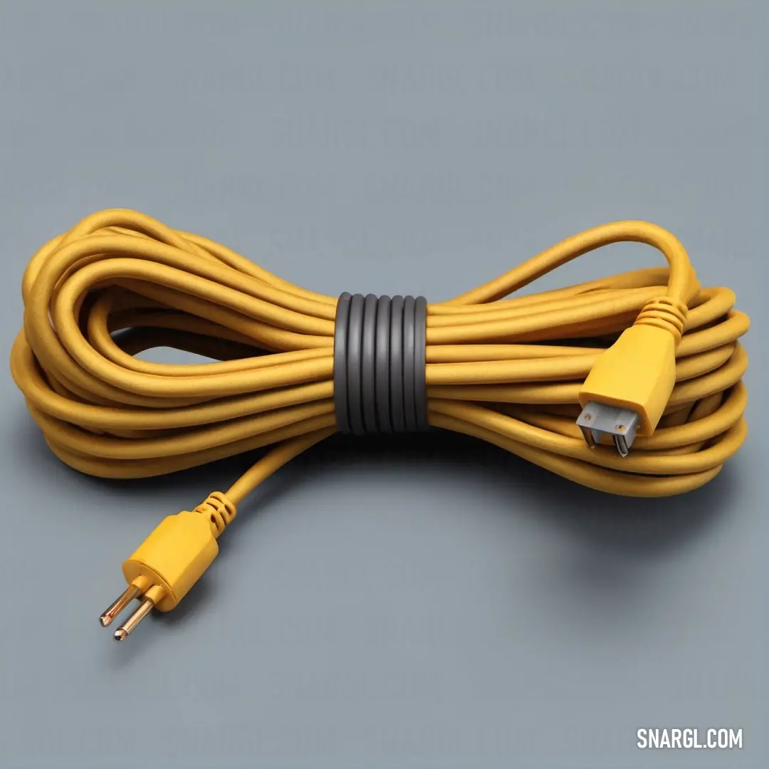 Yellow extension cord with a black cord on a gray background. Example of CMYK 0,20,74,10 color.