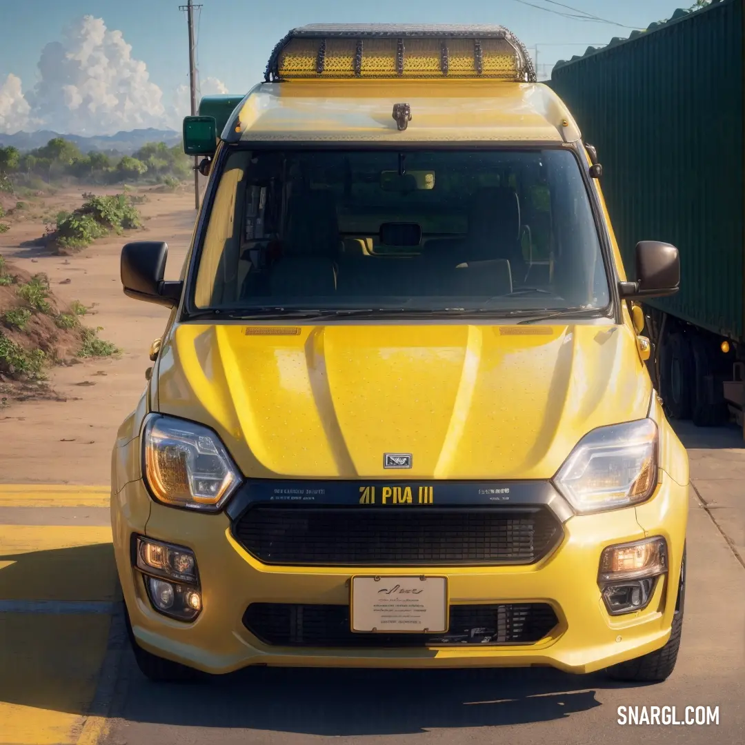 Yellow truck parked in a parking lot next to a green container house