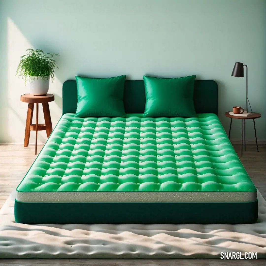 Bed with a green mattress and pillows on it in a room with a green wall and a potted plant. Example of CMYK 54,0,23,13 color.