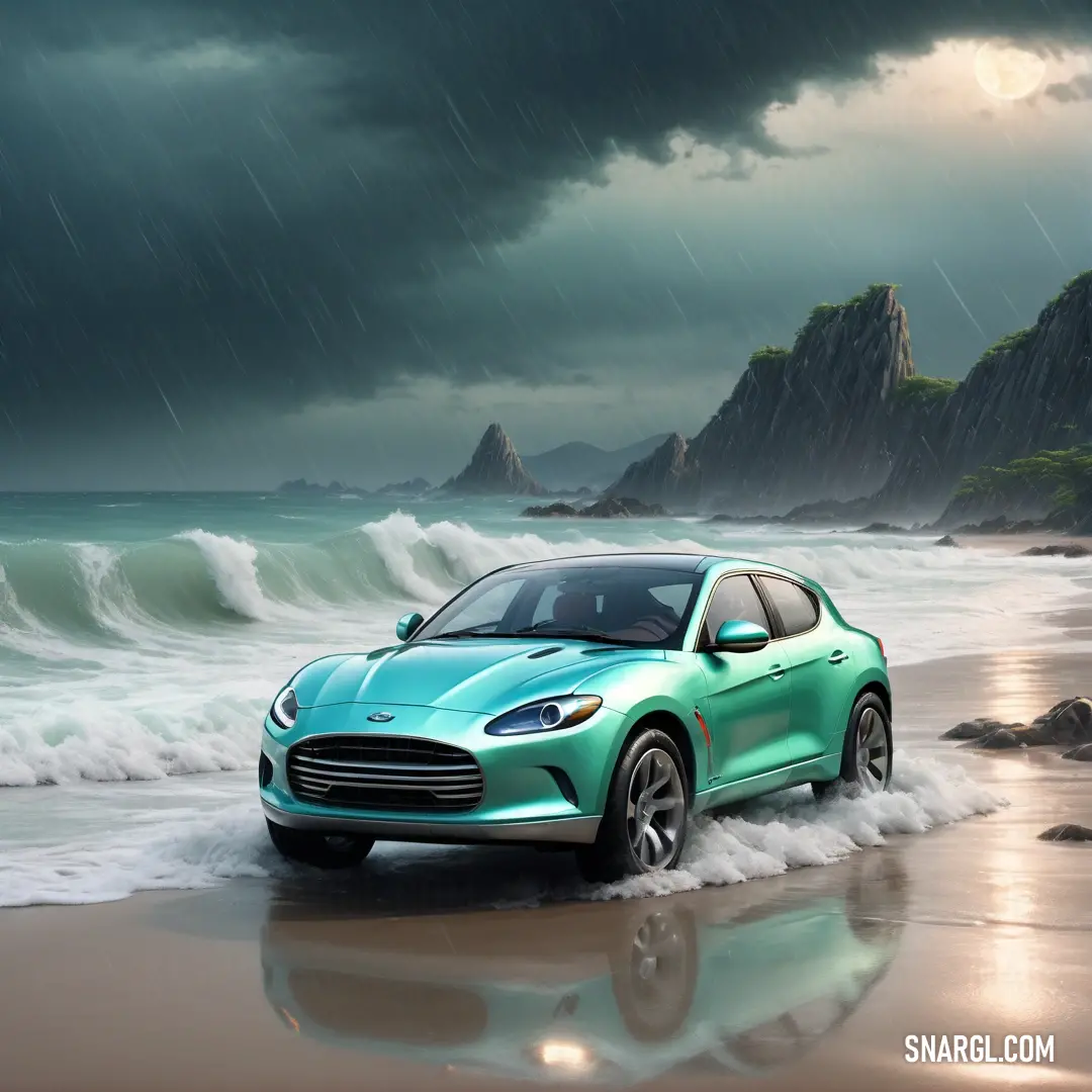 Blue car is driving through the water on a beach in the rain with a mountain in the background. Example of Medium aquamarine color.