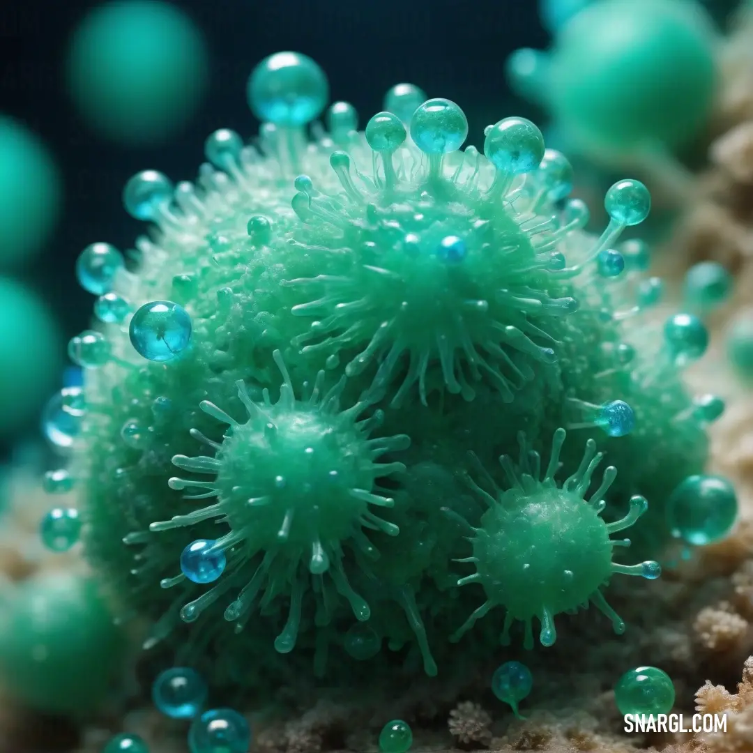 Close up of a green sea anemone on a coral with bubbles on it's surface. Example of CMYK 54,0,23,13 color.