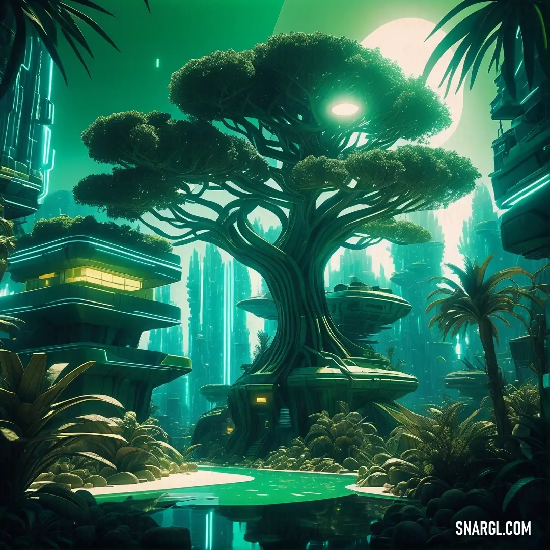 Futuristic city with a tree and a lot of buildings in the background and a green light shining on the tree. Example of Medium aquamarine color.