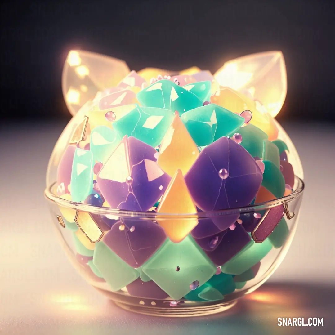 Glass bowl filled with colorful origami pieces on a table top with a light shining on it
