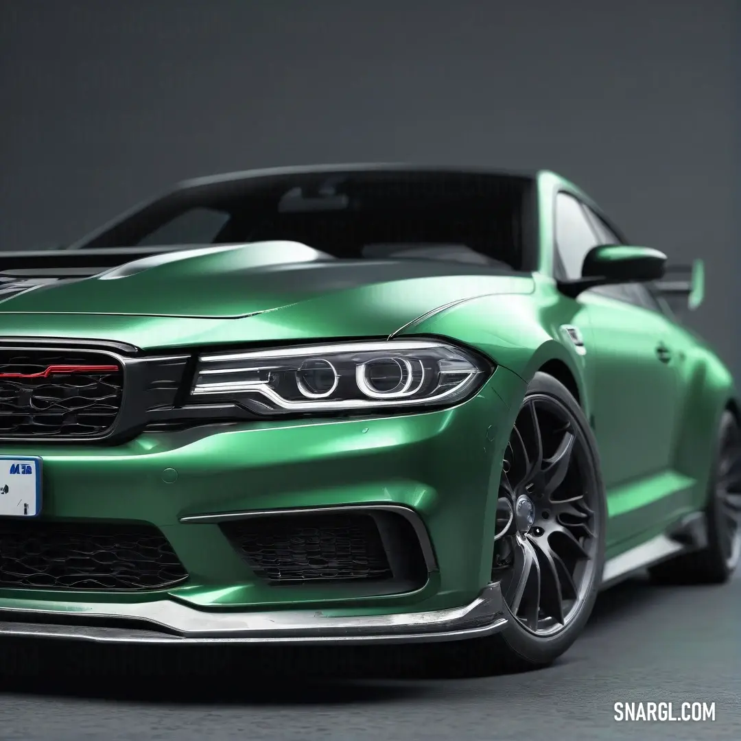 A sleek green car shines under the bright studio lights, set against a bold black background. The car’s polished finish and the striking color #66DDAA make it an eye-catching and modern symbol of style and performance.