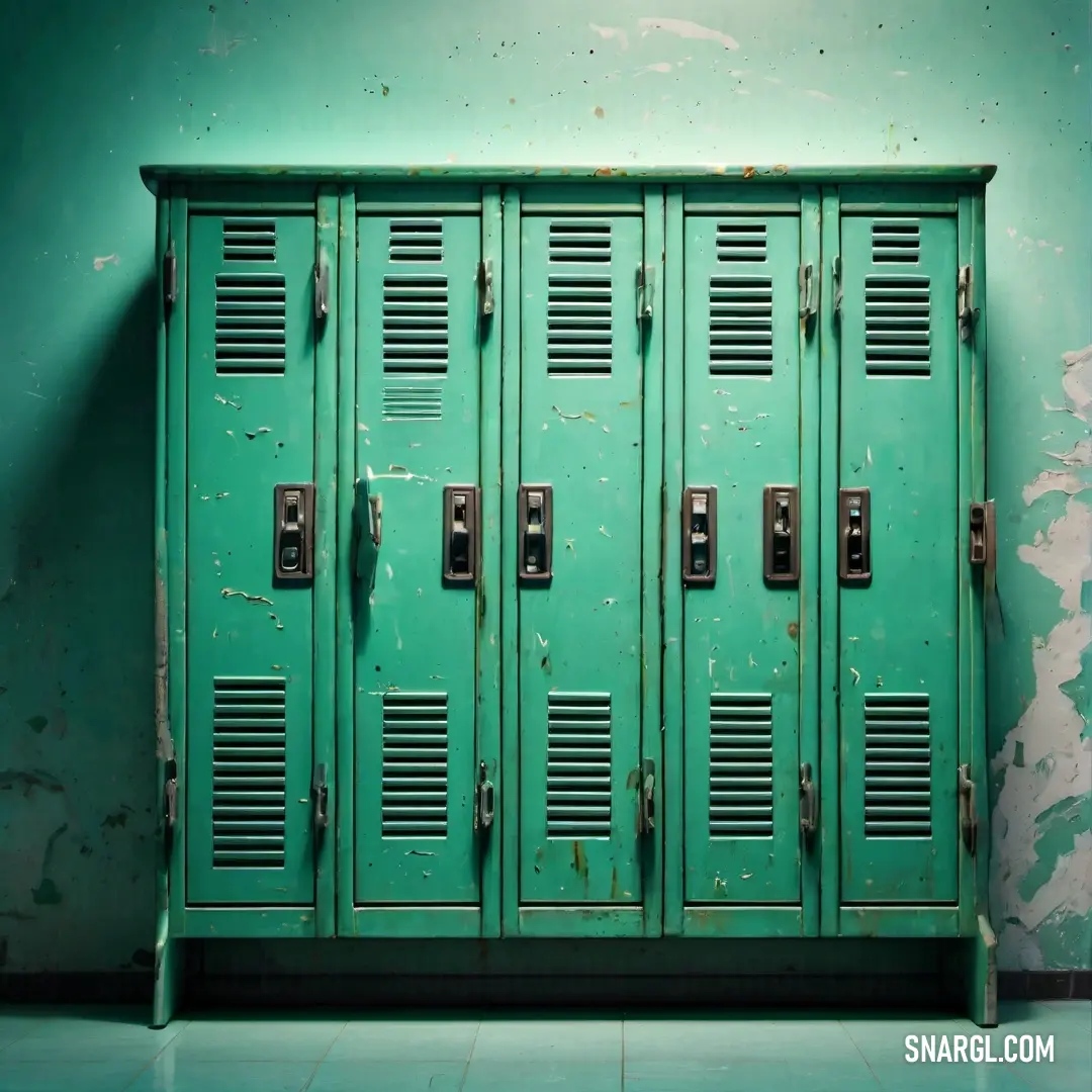 Green locker with two doors and a window on the side of it in a room with a wall. Color #66DDAA.
