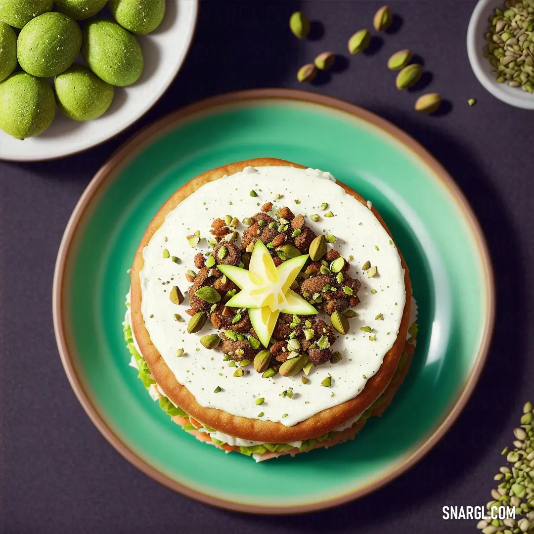 Green plate topped with a cake covered in nuts and a star decoration on top of it next to a bowl of green apples