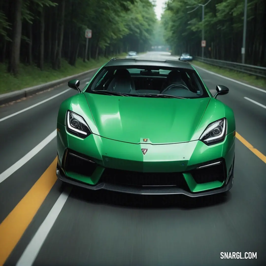 Green sports car driving down a road next to trees and a forest in the background. Example of CMYK 54,0,23,13 color.