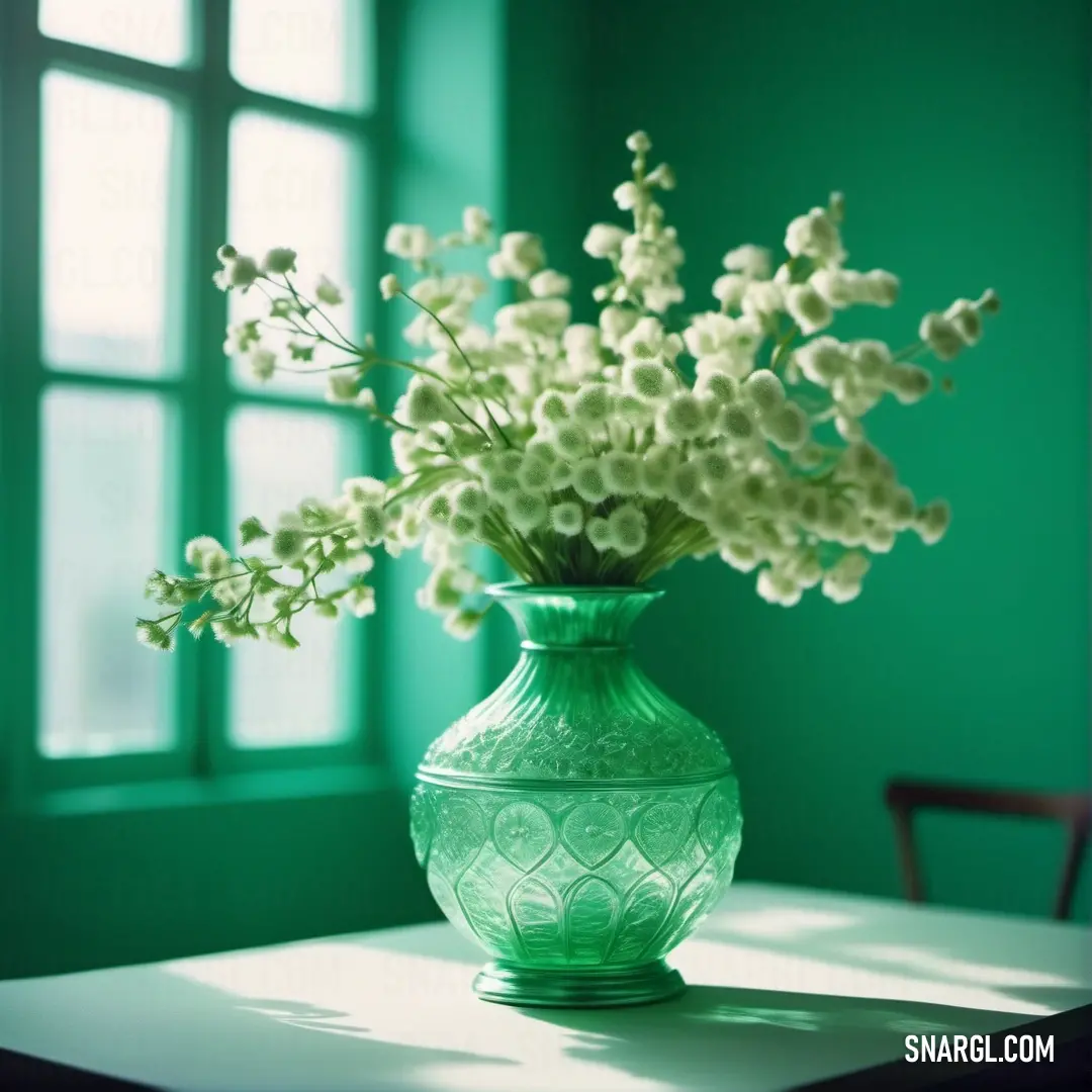 Green vase with white flowers on a table in front of a window with a chair in the background. Color RGB 102,221,170.
