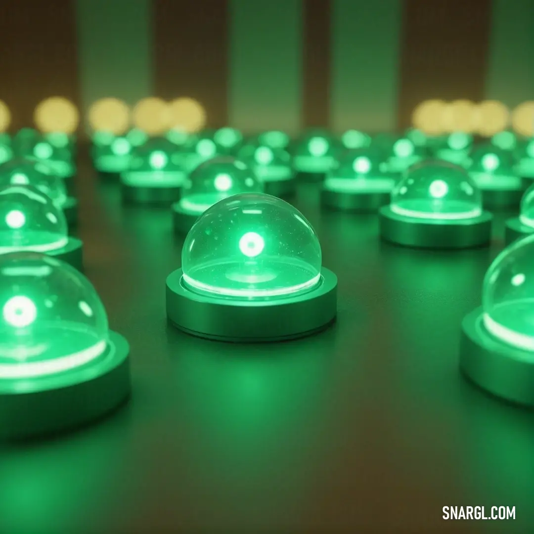 Group of green lights on top of a table next to each other on a table top with a striped wall. Example of #66DDAA color.