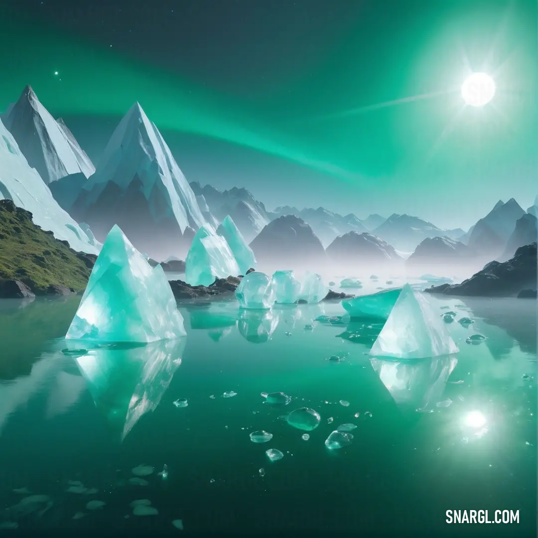 Group of icebergs floating in a lake under a green sky with a bright sun above them. Example of Medium aquamarine color.