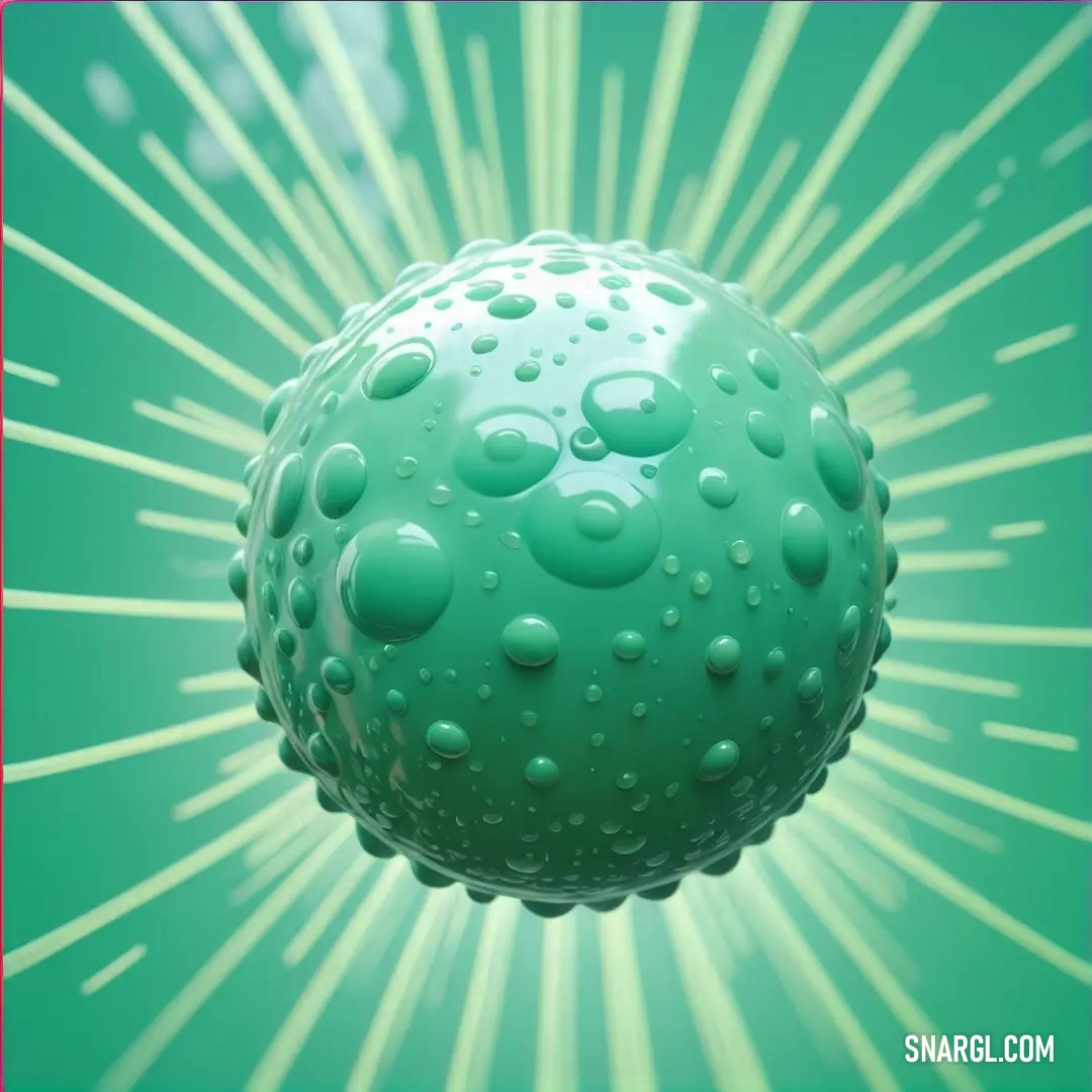 Green ball with water droplets on it and a red frame around it. Example of RGB 102,221,170 color.