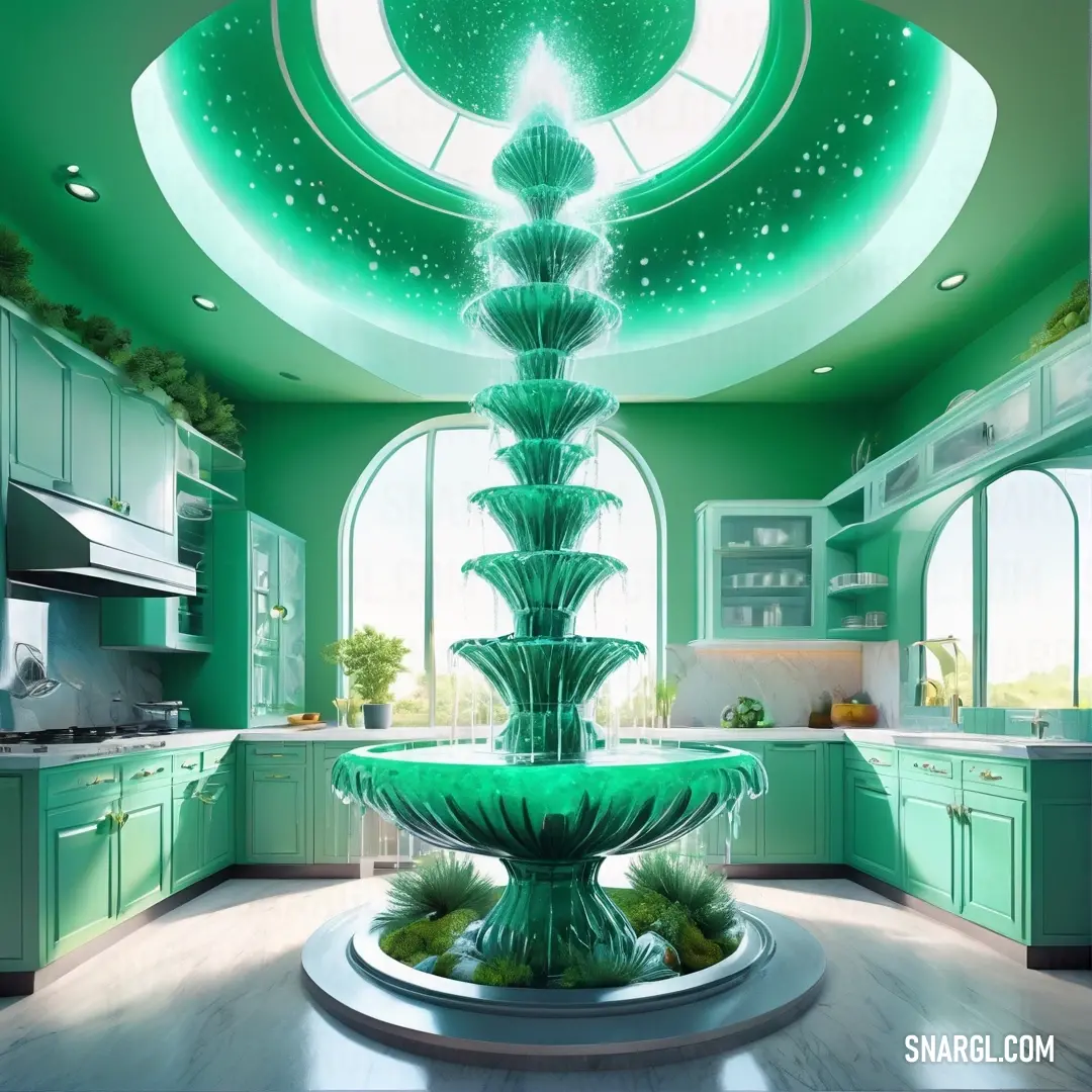 A green-themed kitchen with a large fountain at its center features a circular window above that offers a view of the space, enhancing the serene and fresh vibe of the room with natural light.