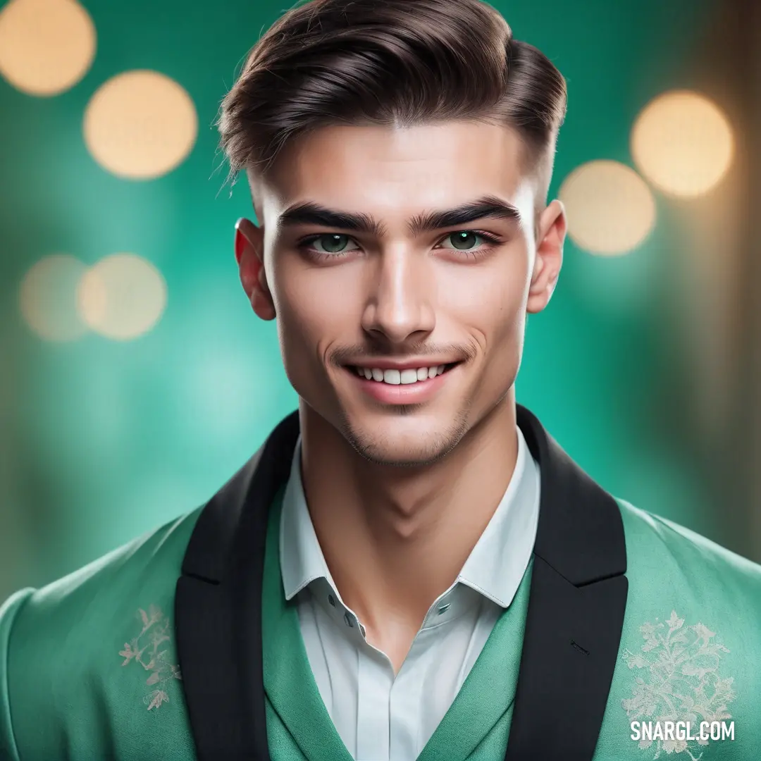 Man with a green sweater and a black tie. Color Medium aquamarine.