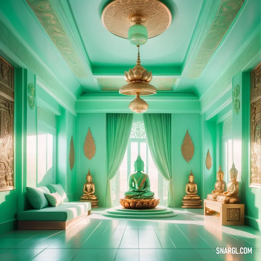 A tranquil room features a Buddha statue placed at the center, surrounded by serene aquamarine walls and minimalist decor. The atmosphere is calm and meditative, perfect for moments of reflection.