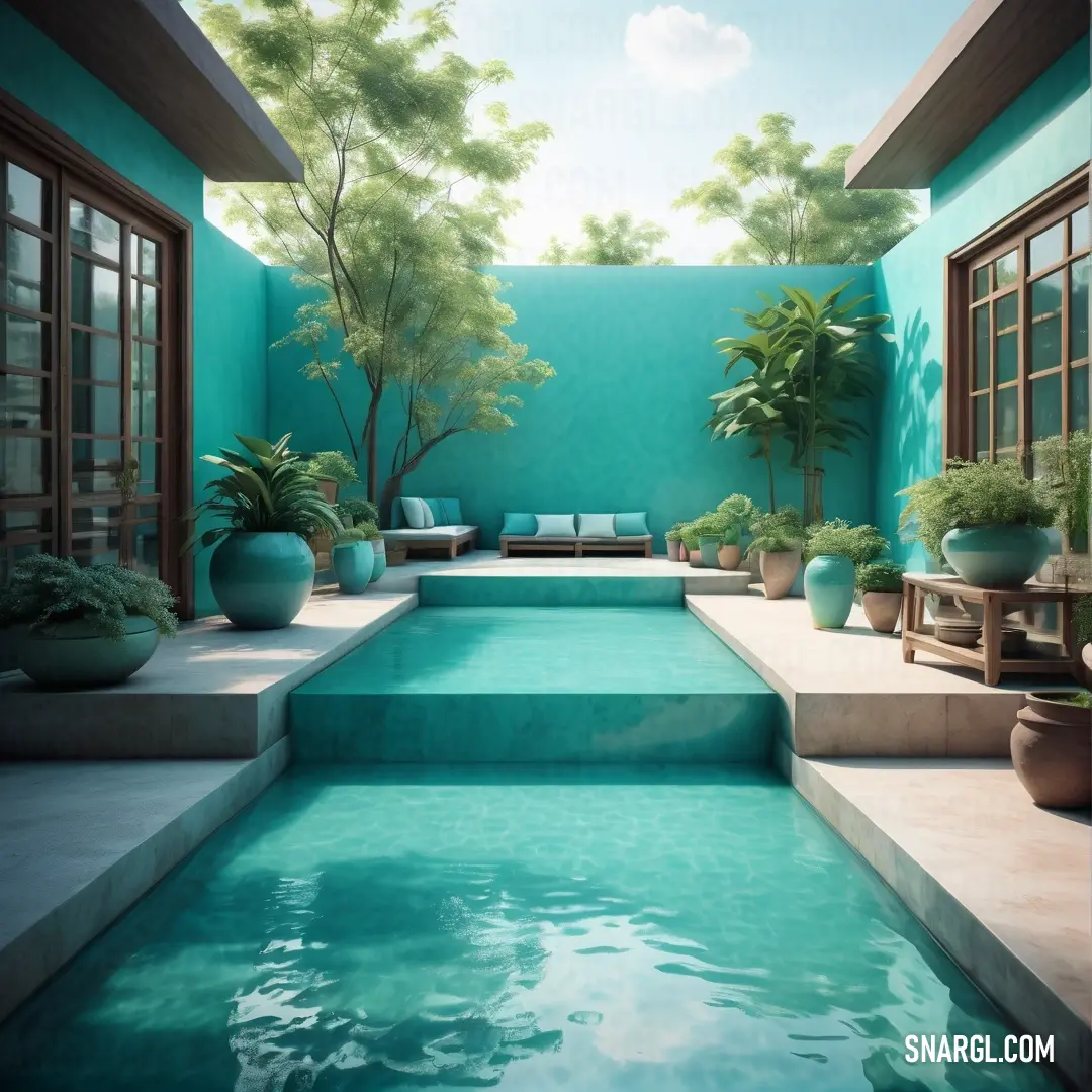 A peaceful backyard pool area featuring a relaxing bench and potted plants along the edge. The view includes a spacious patio through a set of large windows and doors, with soft green hues from the plants and water creating a serene atmosphere.