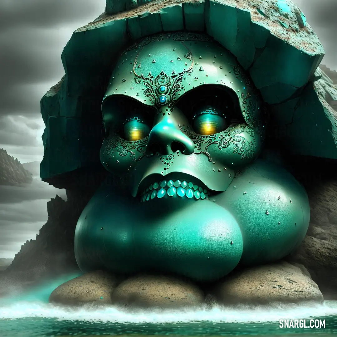 Skull with a green face and a blue body of water in front of a rock formation with a mountain in the background