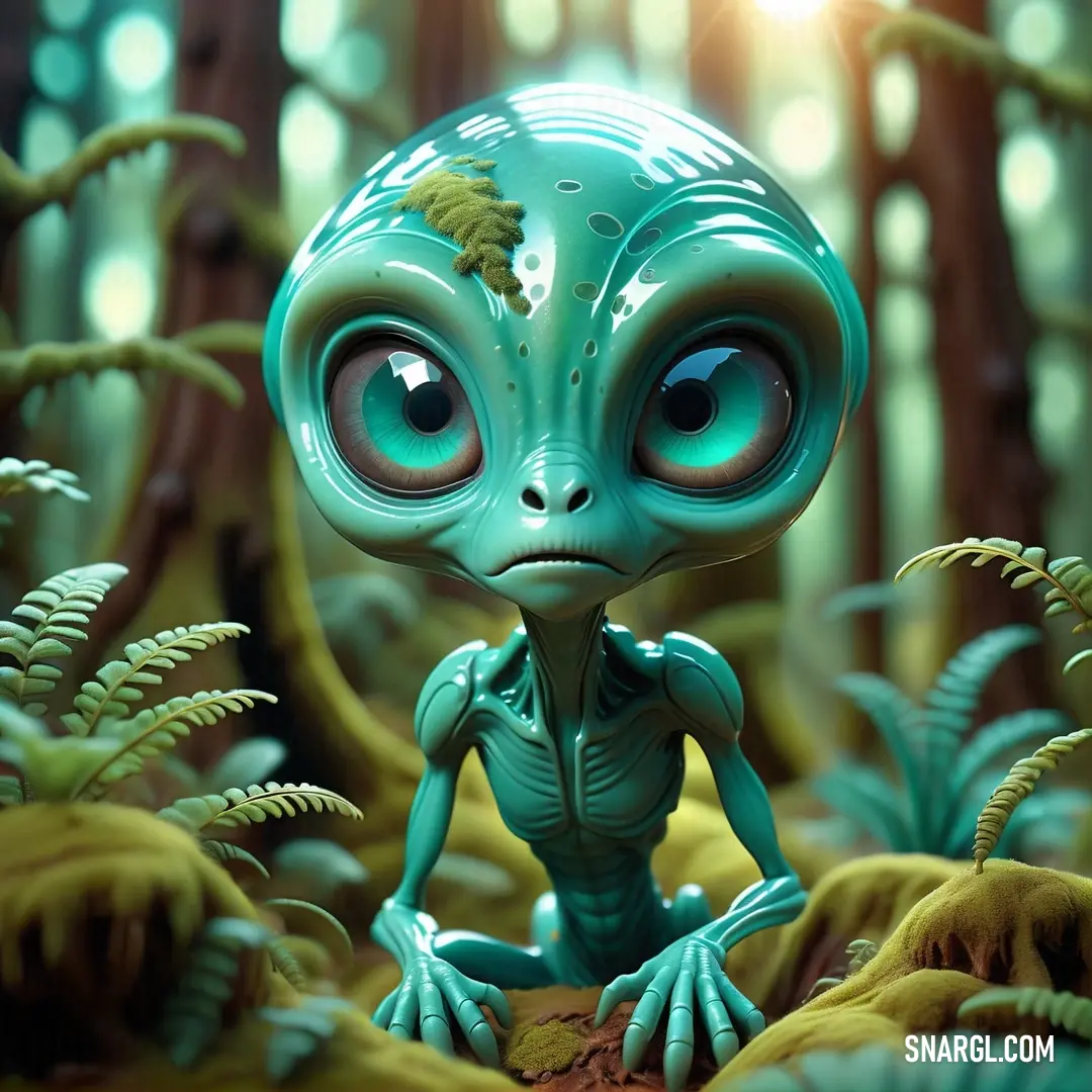 Small alien is standing in a forest of ferns and plants with a bright light shining on it's face. Color CMYK 54,0,23,13.