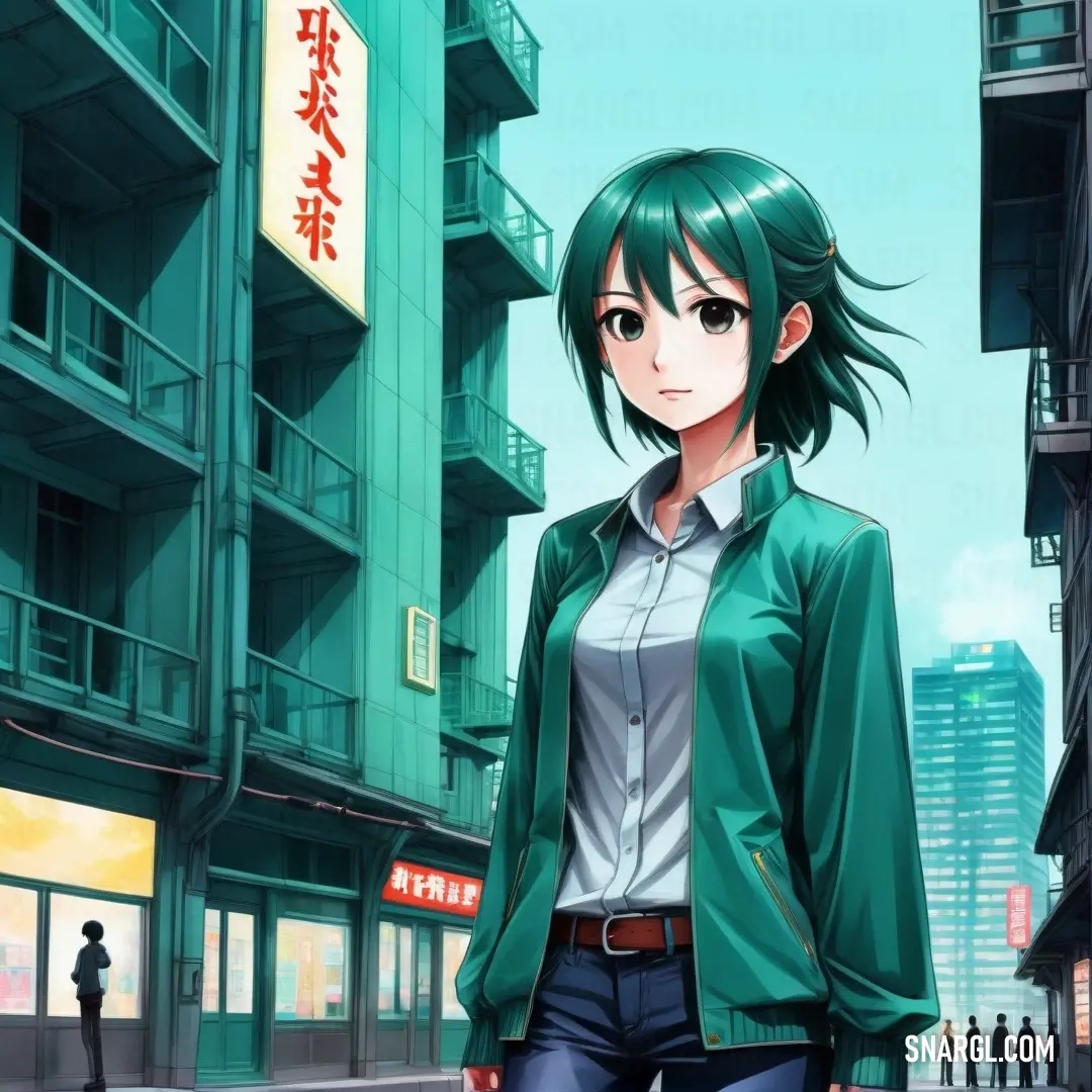 Medium aquamarine color. Woman in a green jacket standing in front of a building with a green hair and a white shirt