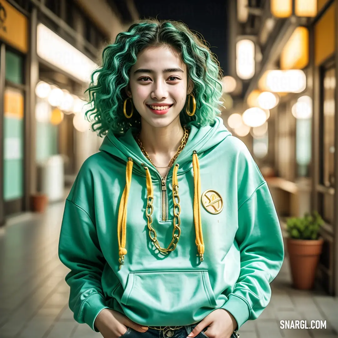 Woman with green hair and a green hoodie smiling at the camera with a smile on her face. Color RGB 102,221,170.