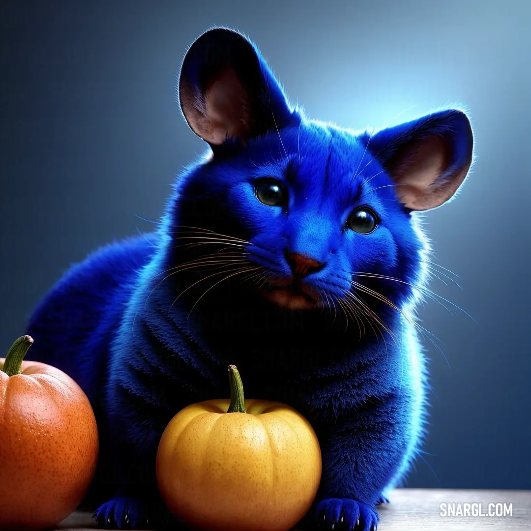 Blue cat next to two oranges on a table with a blue background