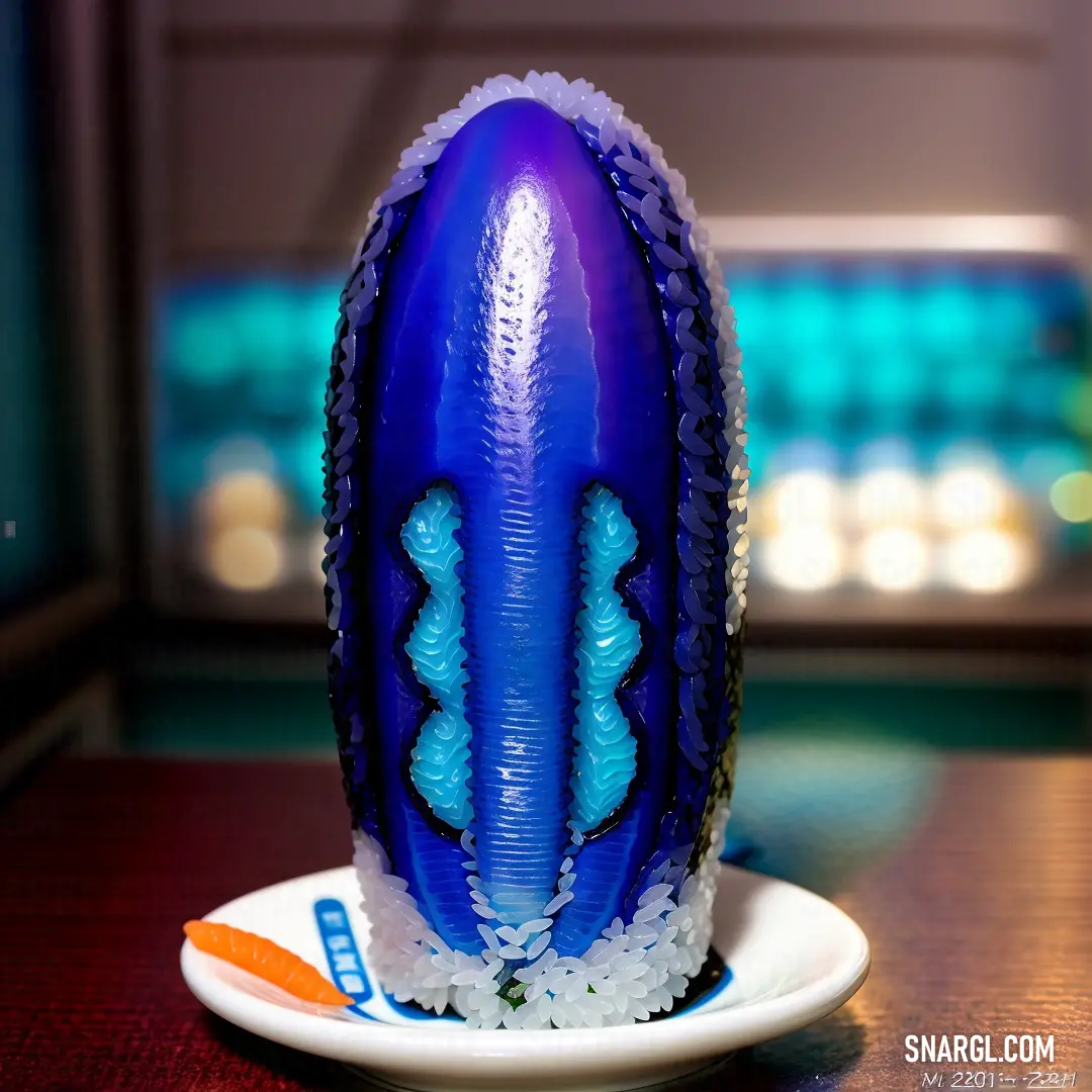 Blue egg on top of a white plate on a table next to a toothbrush holder and a window