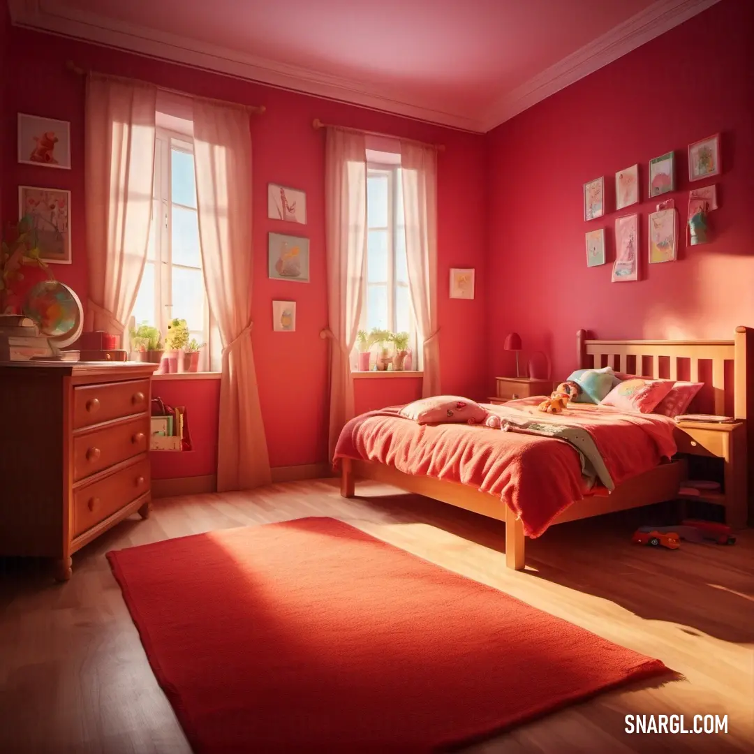 Bedroom with a bed, dresser. Example of RGB 226,6,44 color.