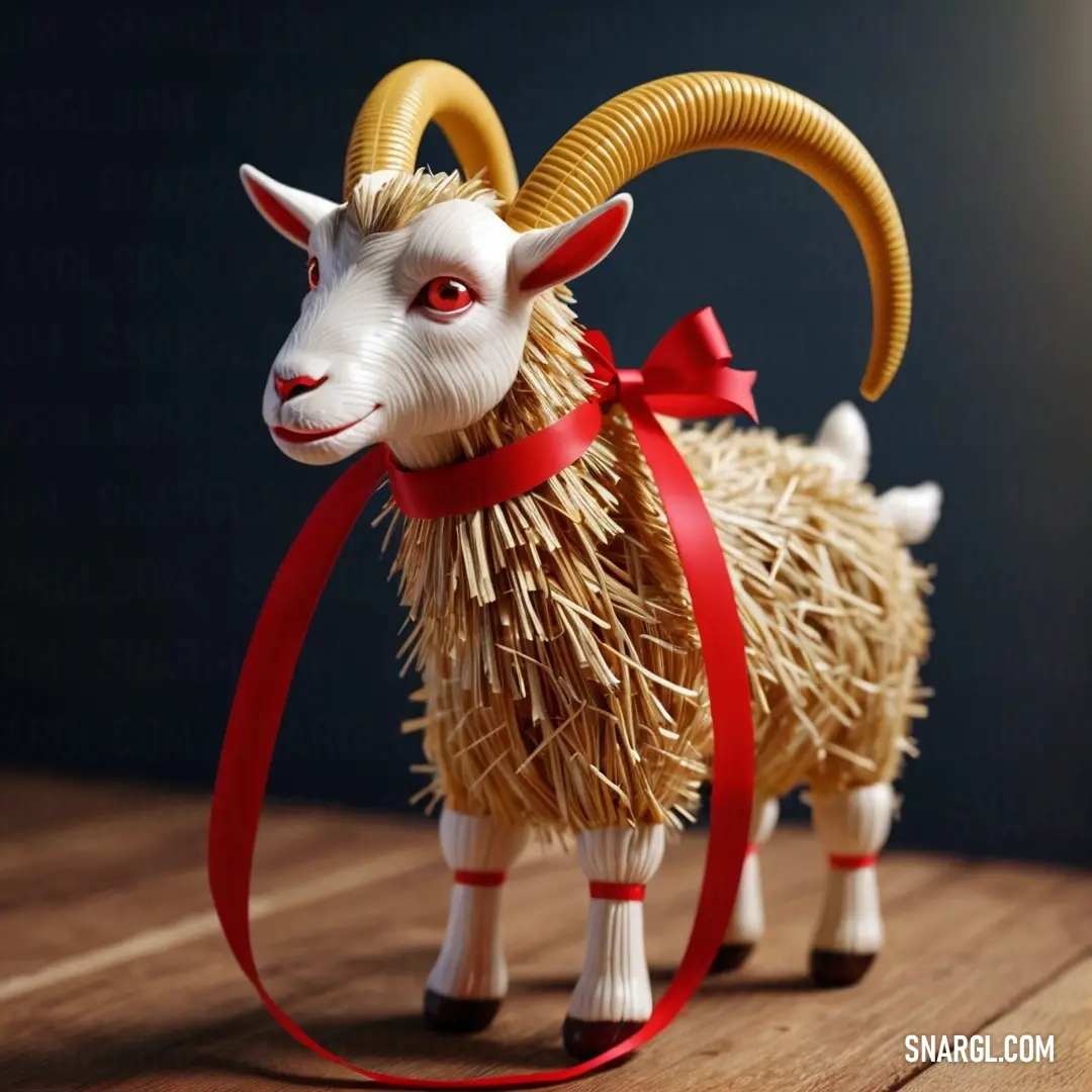 Goat with a red ribbon around its neck on a table with a dark background. Color CMYK 0,97,81,11.