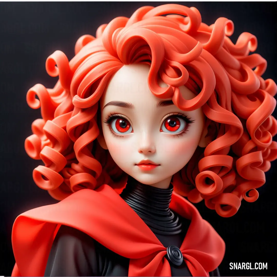 Doll with red hair and a red cape on her head and a black background. Example of RGB 226,6,44 color.