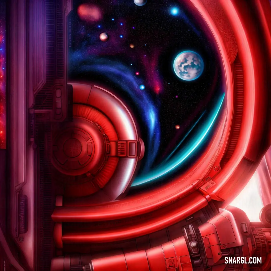 Medium candy apple red color. Futuristic space station with a red and blue background
