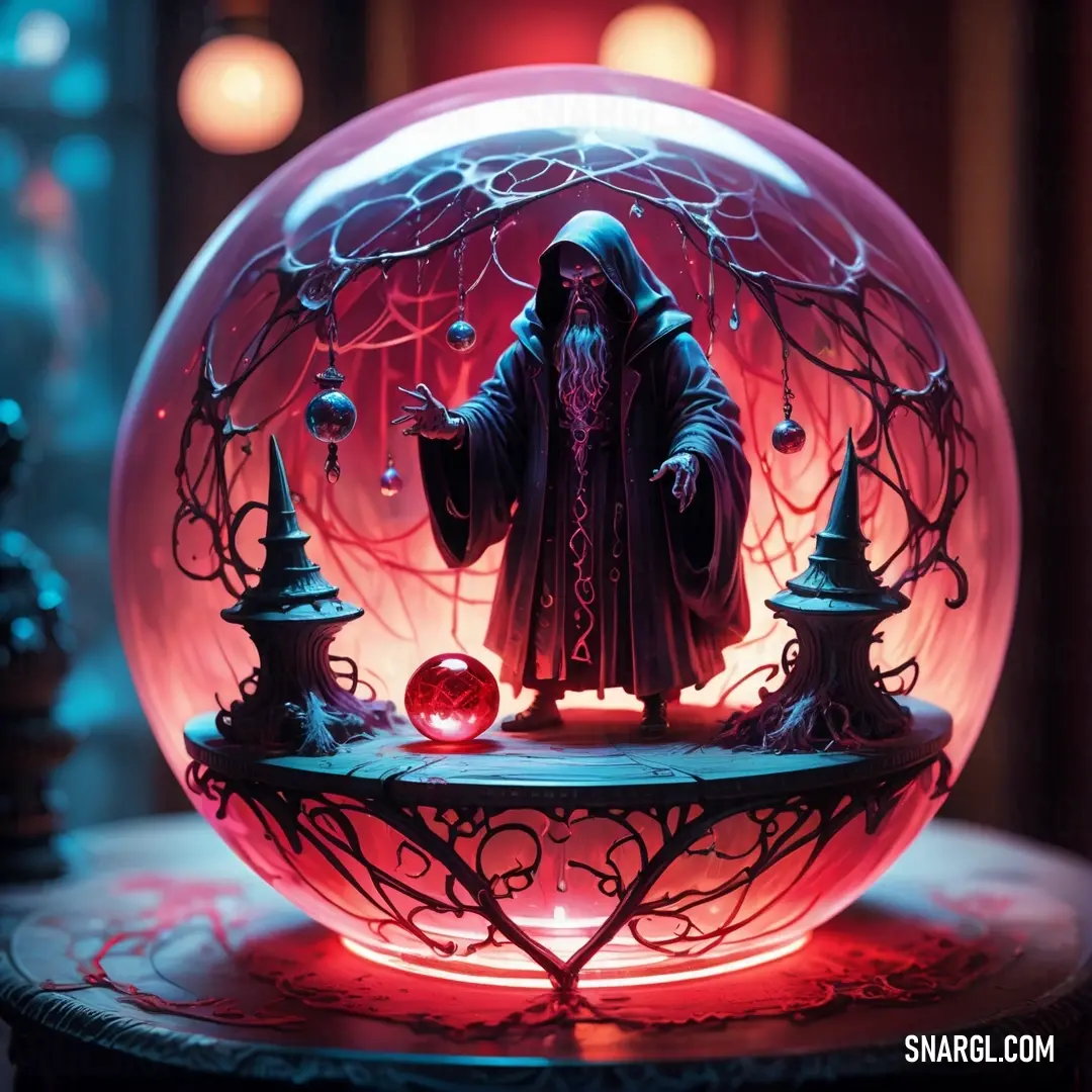 Glass ball with a wizard inside of it on a table with a red light behind it. Example of RGB 226,6,44 color.
