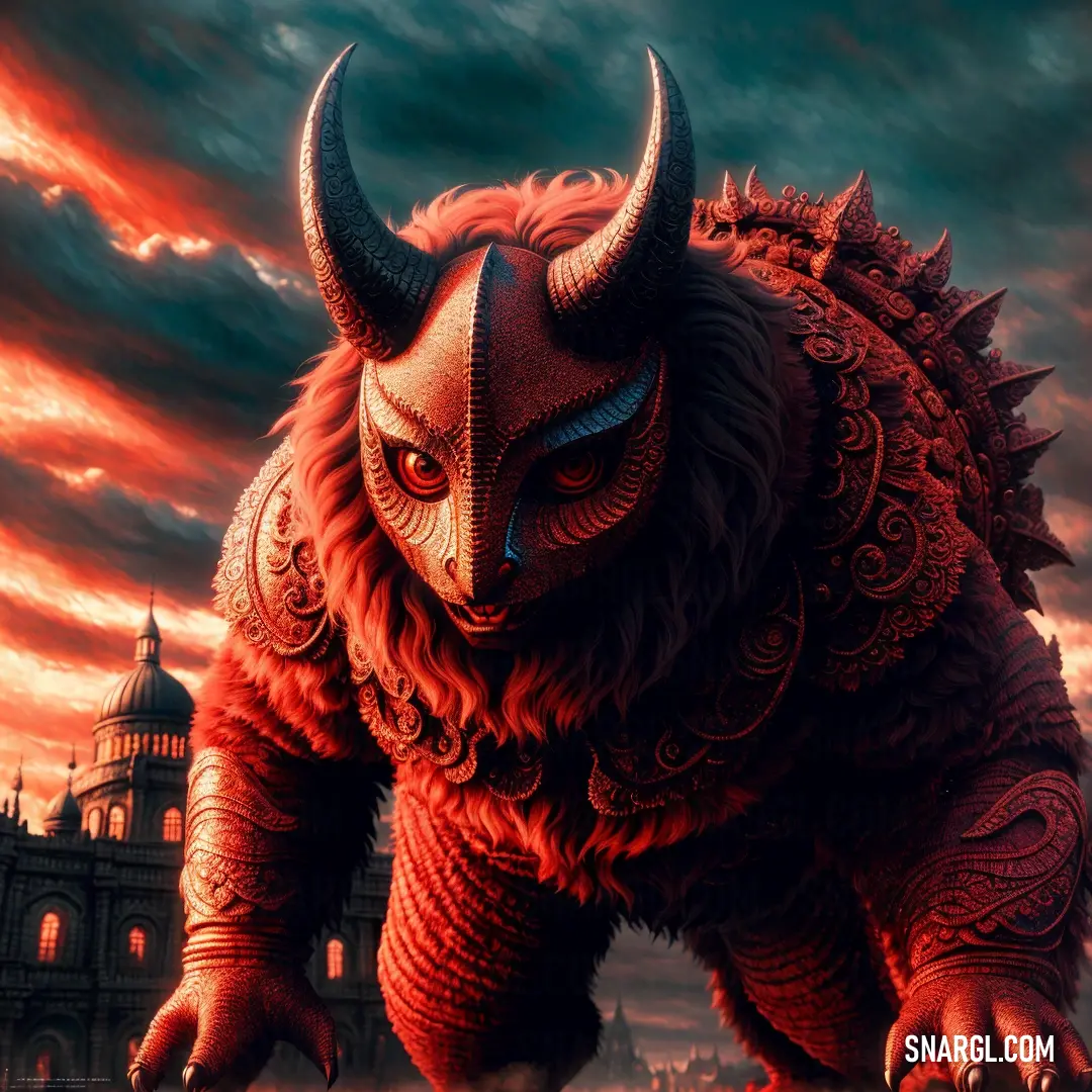Medium candy apple red color example: Red and black monster with horns and a building in the background