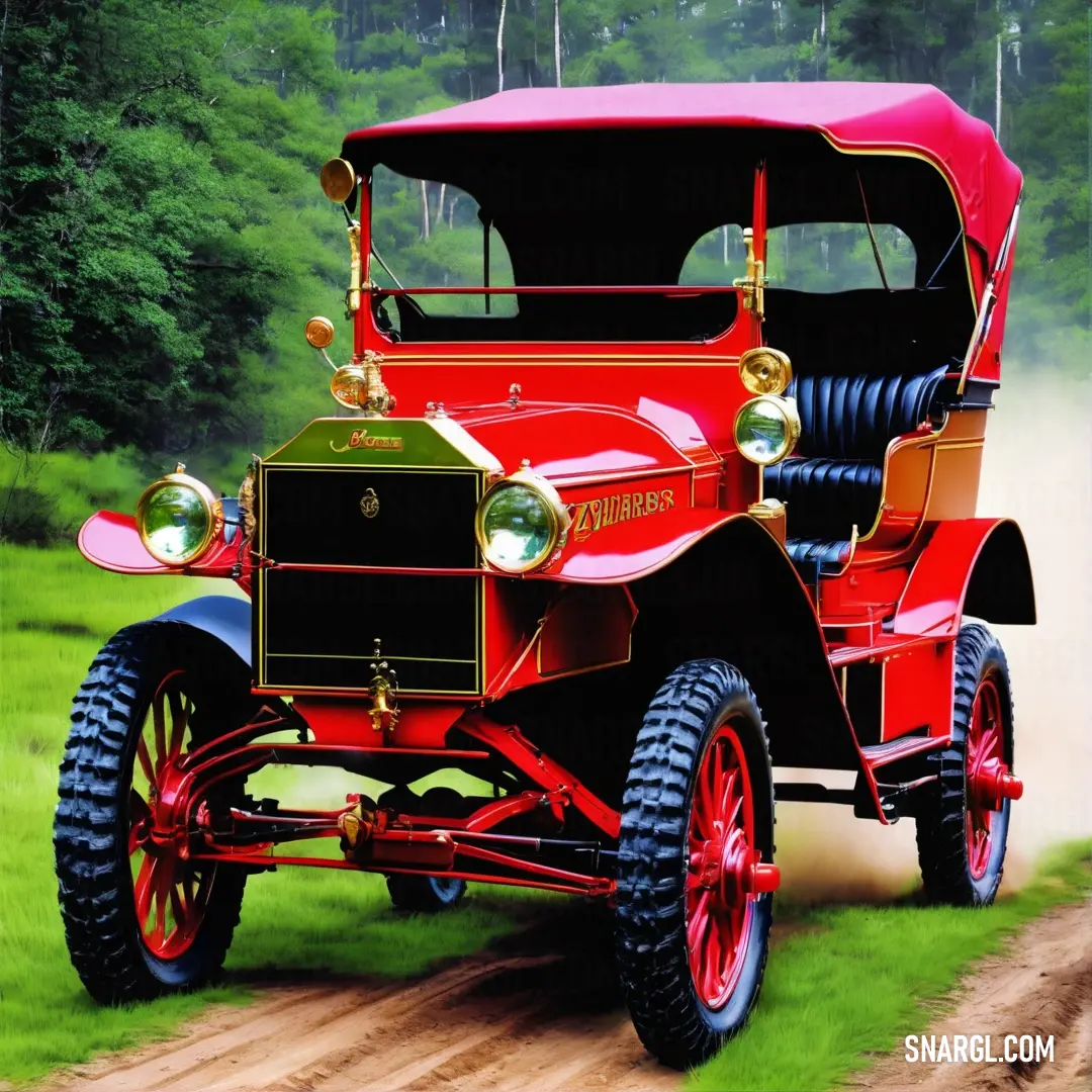 Medium candy apple red color. Red car driving down a dirt road in the woods with trees in the background