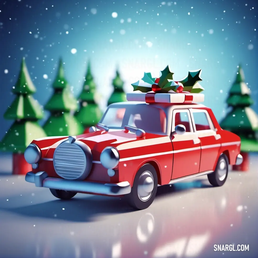 Red car with a christmas tree on top of it's roof in a snowy scene with trees. Color CMYK 0,97,81,11.