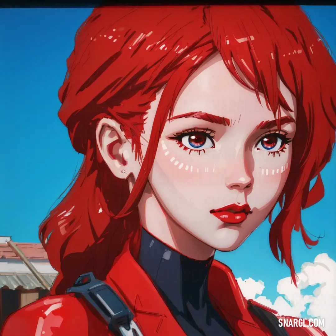 Red haired woman with blue eyes and a red jacket on, with a building in the background. Color RGB 226,6,44.
