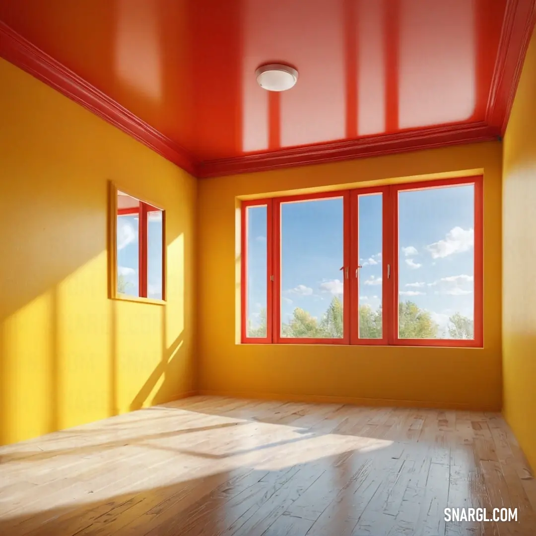 Room with a bright yellow wall and a red ceiling and windows with red trim and a wooden floor. Example of Medium candy apple red color.