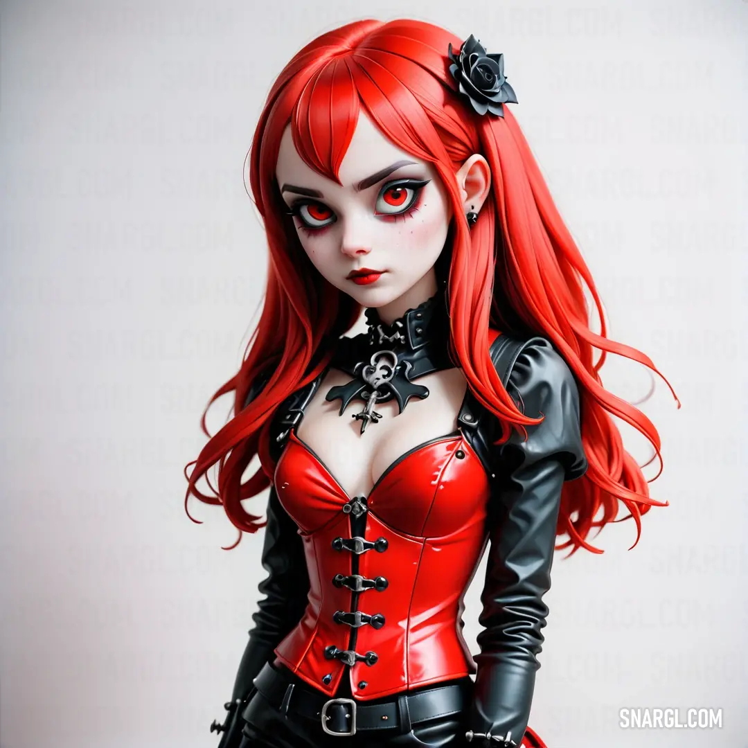 Woman with red hair and black leather outfit with a rose in her hair. Example of #E2062C color.