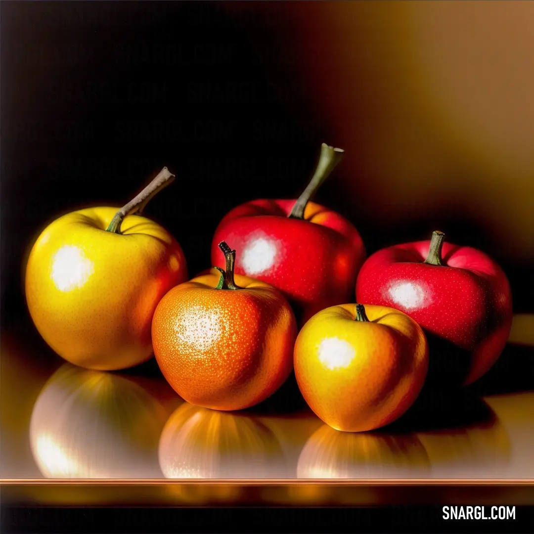 Painting of apples and oranges on a table top with a reflection of the apples on the table