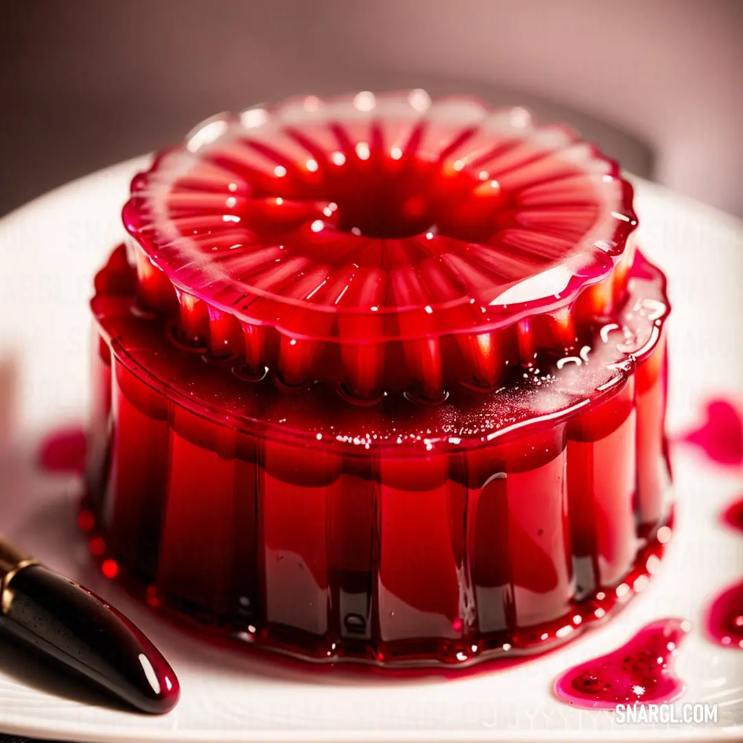 Red jelly cake on a plate with a pen on the side of it