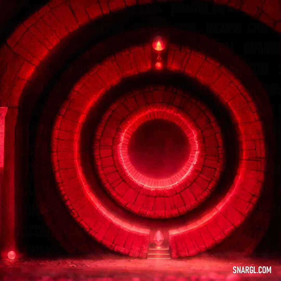 Red light is shining in a brick tunnel with a red light at the end of the tunnel