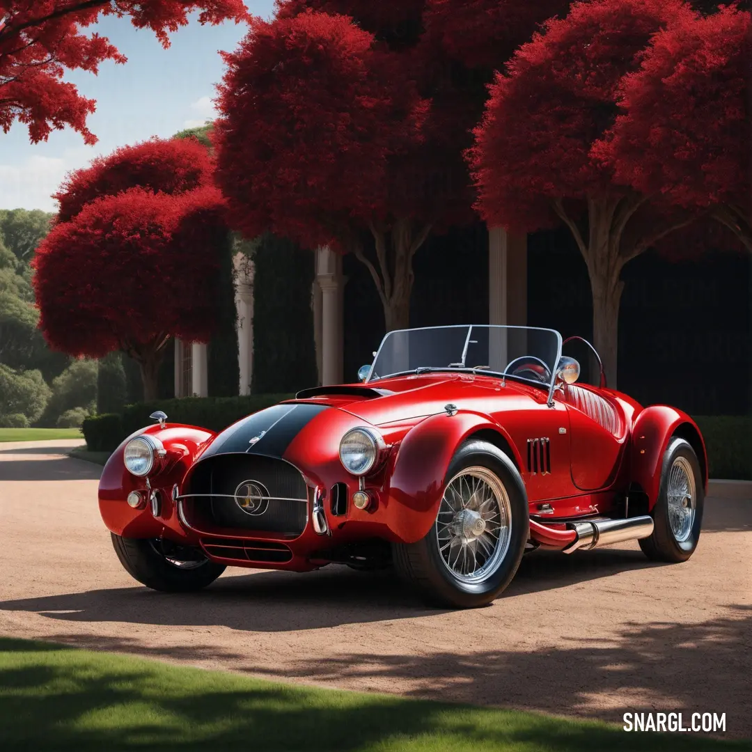 Red sports car parked in front of a tree filled park with red leaves on it's branches. Example of #E2062C color.