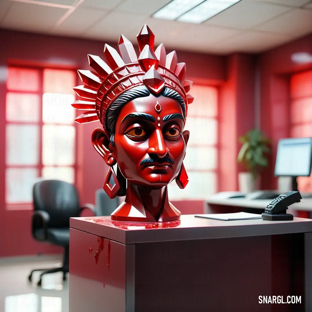Red statue of a man with a red headdress on a desk in an office setting with a phone and a computer. Color #E2062C.