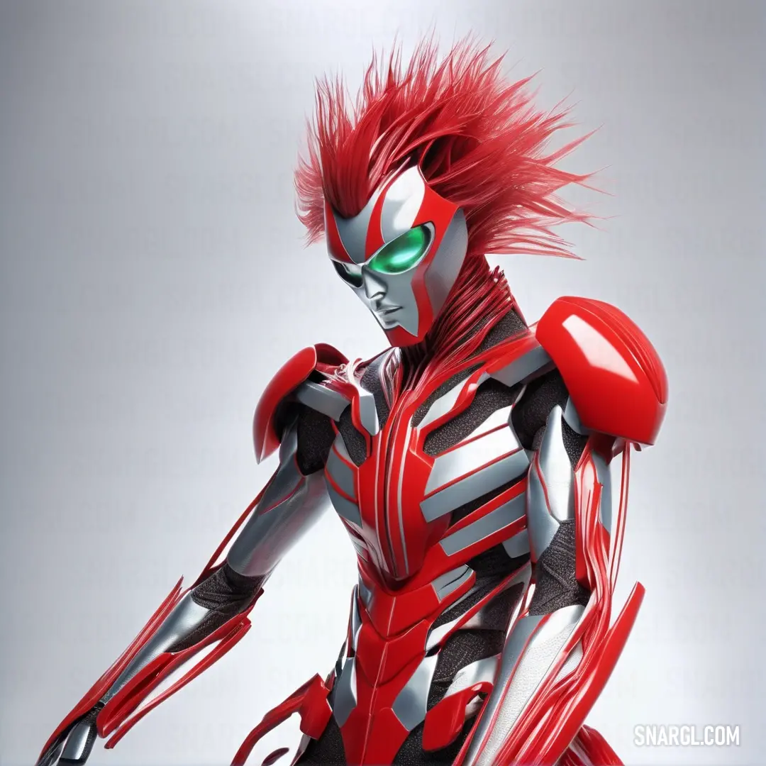 Robot with red hair and green eyes standing in a pose with his arms outstretched and legs spread out. Color RGB 226,6,44.