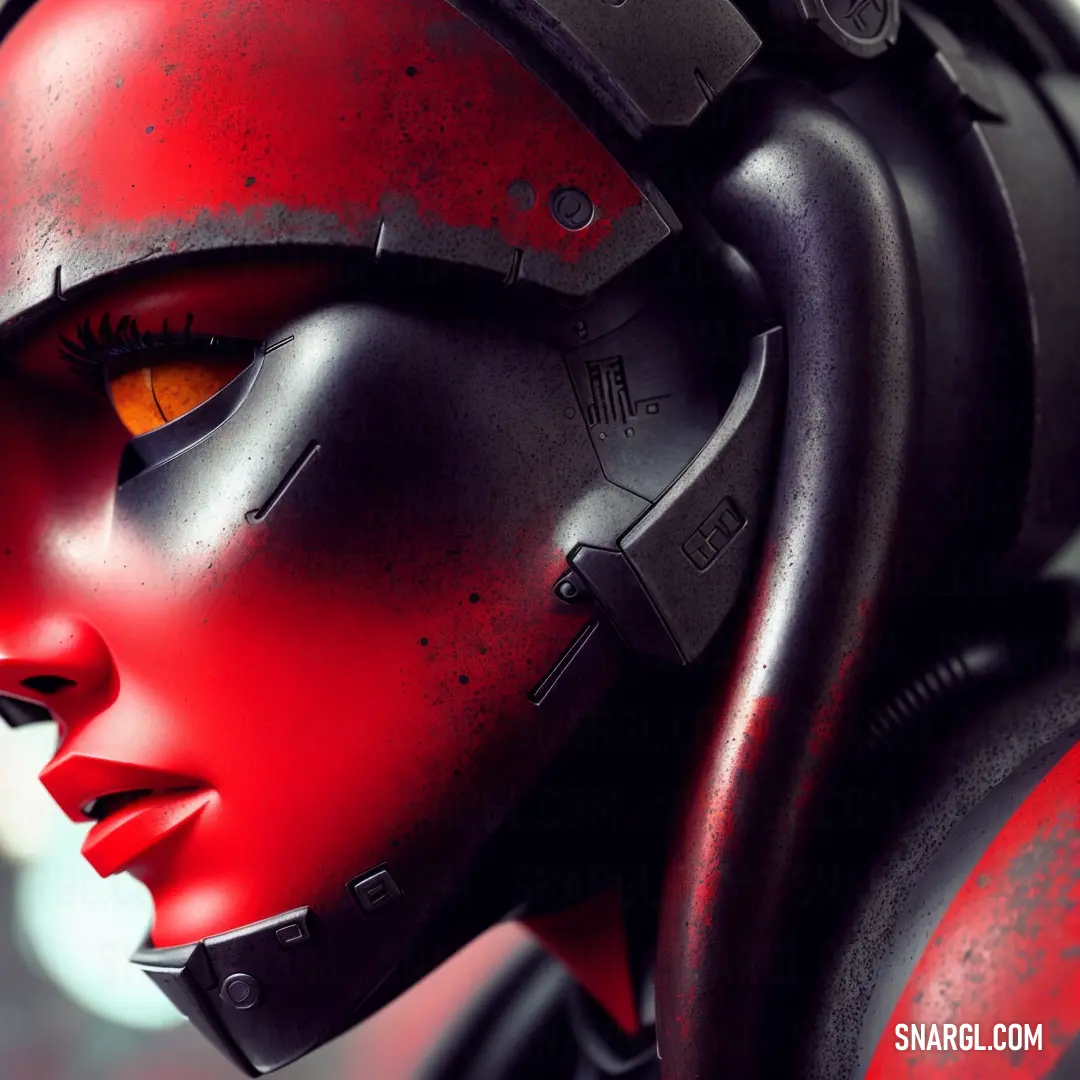 Woman with red eyes and a red helmet on her head is staring at something in the distance with a blurry background