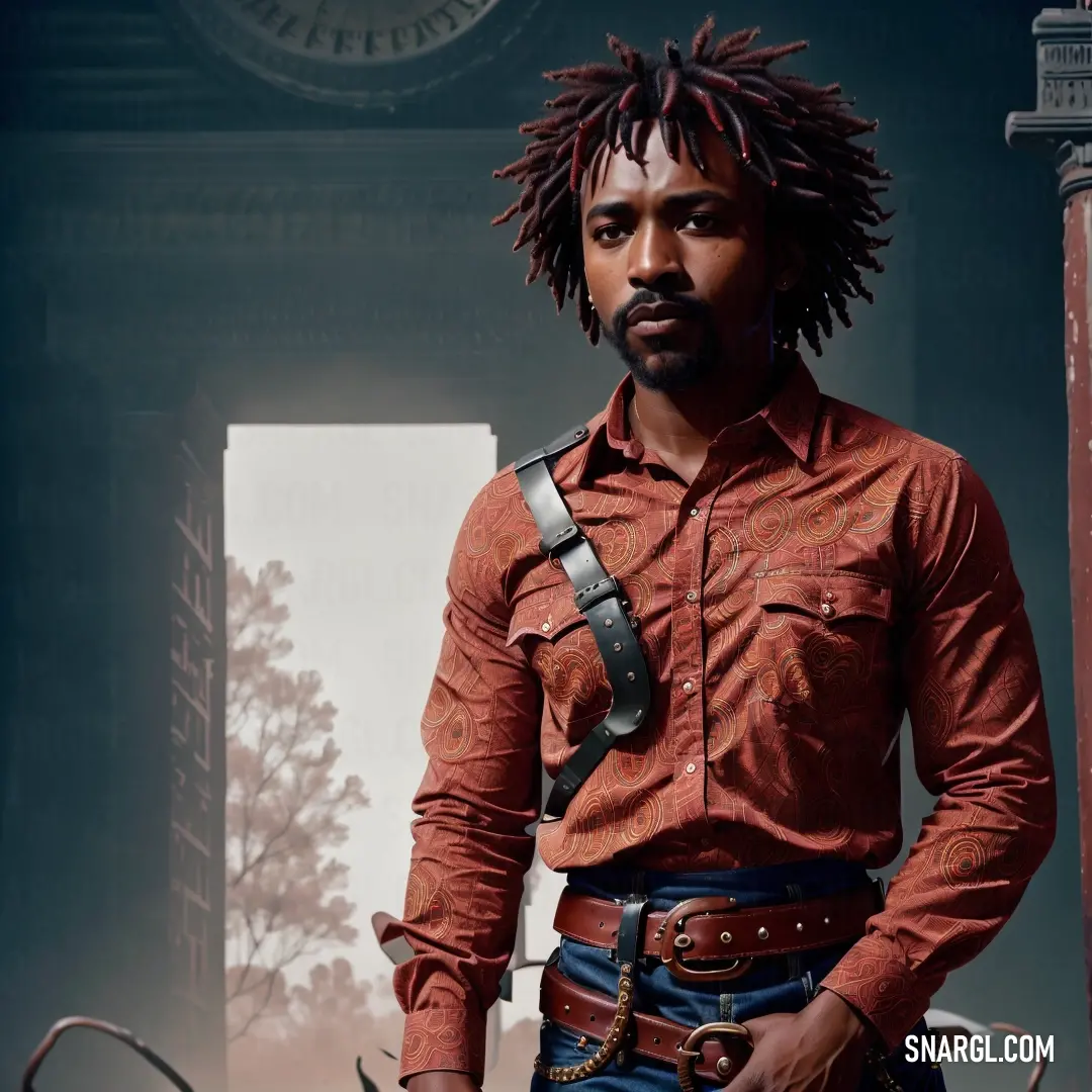 Man with dreadlocks and a red shirt is standing in front of a clock tower