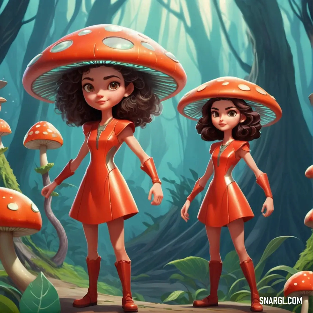 Girl in a red dress and a girl in a red dress are standing in a forest with mushrooms. Color CMYK 0,63,70,31.