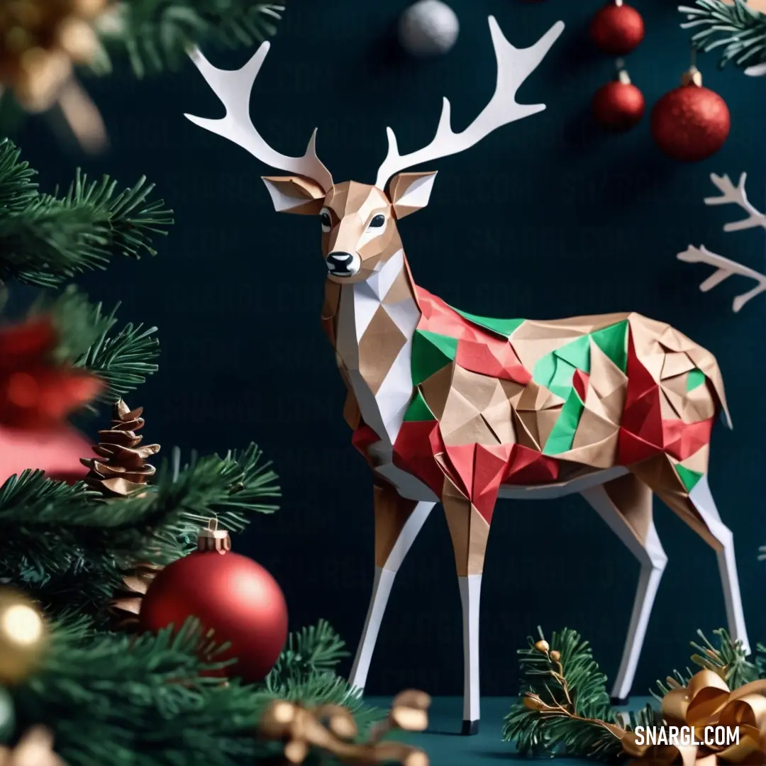 Paper deer is standing in front of a christmas tree with ornaments on it and a dark background. Color #AF4035.